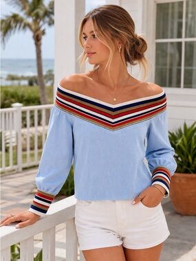 English Factory Blue Off Shoulder Stripe Trim Top Small Preppy Coastal Chic